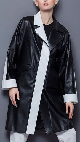 Faux-Leather Color-Contrast Coat in Black & White - DESIGNER INSPIRED FASHIONS