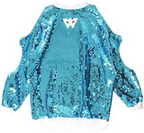 Sequin Embellished Cold-Shoulder Sweatshirt in Blue - DESIGNER INSPIRED FASHIONS