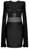Crocodile PVC Stripe Long-Split-Sleeve Bodycon Mini Dress, Black