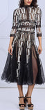 Embroidered Mesh-Paneled Midi Dress