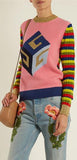 Cube-Intarsia Striped Knit Sweater