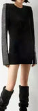 Black Long-Sleeve Crystal-Embellished Velvet Mini Dress | DESIGNER INSPIRED FASHIONS