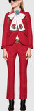 3 Pc Set Includes: Red Ruffle Single Breasted Jacket, Matching Red Dress Pants & Embroidered Pink Oxford Shirt with Bow - DESIGNER INSPIRED FASHIONS