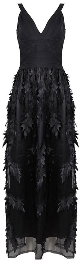 Leaf-Embellished Bandage-Top Midi Dress, Black