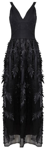 Leaf-Embellished Bandage-Top Midi Dress, Black