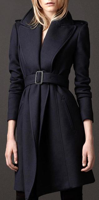 Belted Navy Wool Coat - DESIGNER INSPIRED FASHIONS