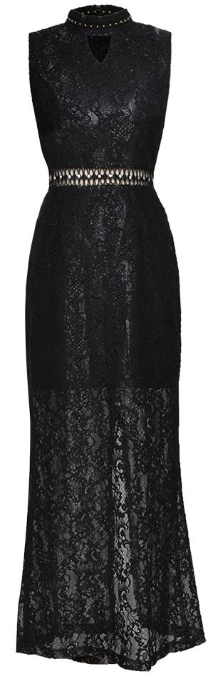 Long Black Stud and Bead-Embellished Trim Sleeveless Lace Dress