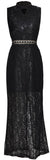 Long Black Stud and Bead-Embellished Trim Sleeveless Lace Dress