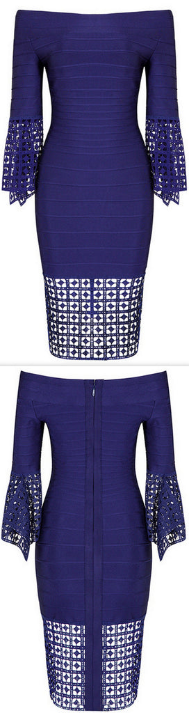 Cut-Out Flared Half-Sleeve Off-The-Shoulder Dress - Blue or White