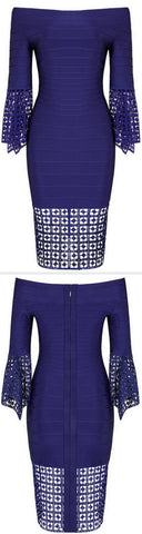 Cut-Out Flared Half-Sleeve Off-The-Shoulder Dress - Blue or White
