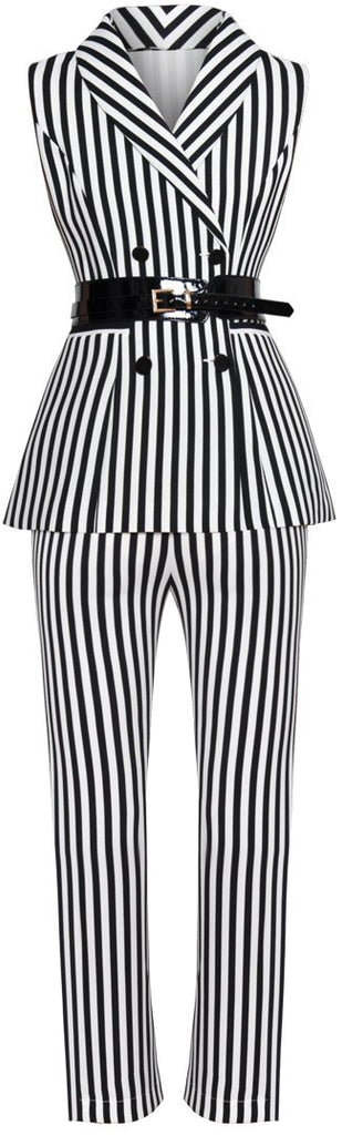 Belted Black and White Stripe Vest-Top and Slim Fit Pant Set