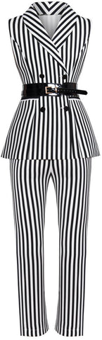 Belted Black and White Stripe Vest-Top and Slim Fit Pant Set