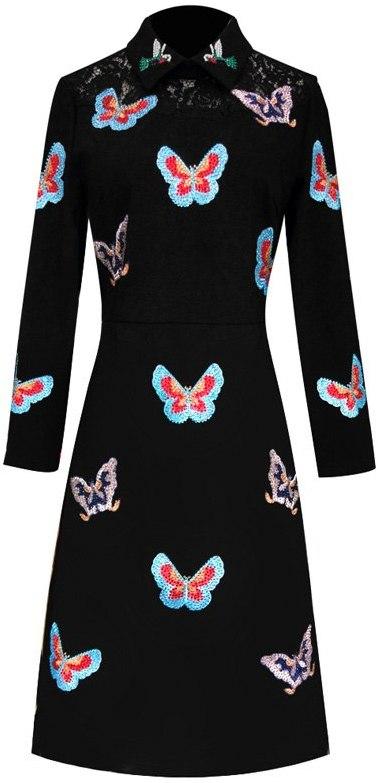 Butterfly-Embroidered Embellished Collar Dress