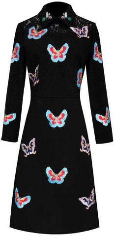 Butterfly-Embroidered Embellished Collar Dress