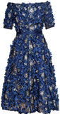 Blue Floral Appliques Off-the-Shoulder Dress