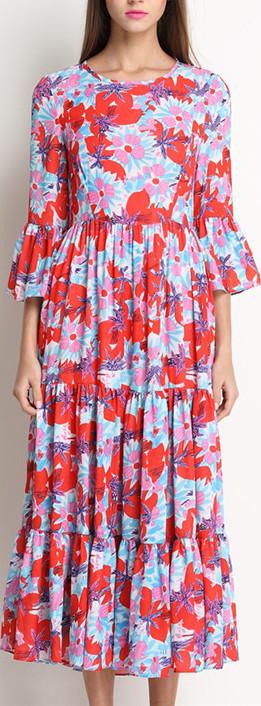 Floral-Print Silk and Cotton Blend Bell-Sleeve Midi Dress