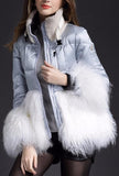 Short Puffer Down Coat with Sheep Wool/Fur, Silver