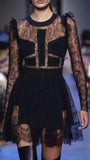 Black Lace Patchwork Beaded Mini Dress