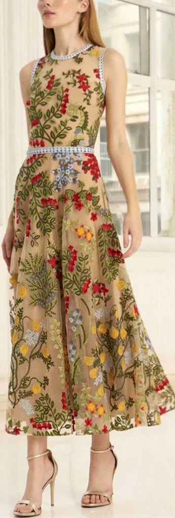 Floral-Embroidered Sleeveless Midi Dress