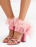 Feather-Trimmed Satin Sandals - Pink