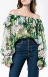 Hydrangea Print Off-The-Shoulder Silk Chiffon Blouse