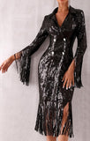 Black Sequin-Embellished Double-Breasted Fringed Dress