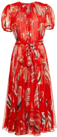 Fish Printed Short Sleeve Dress, Red