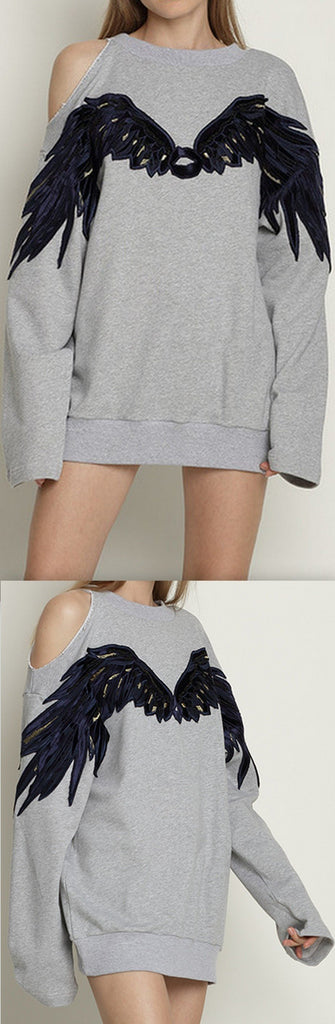 Wing-Embroidered Cold-Shoulder Sweatshirt, Grey
