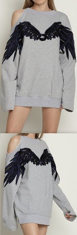 Wing-Embroidered Cold-Shoulder Sweatshirt, Grey