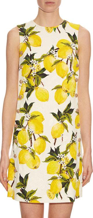 Lemon-Print Floral-Brocade Embellished Dress