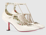 T-strap Leather Pump with Pearls - White or Black