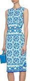 'Majolica' Tile Printed Pencil Dress in Blue & White - DESIGNER INSPIRED FASHIONS
