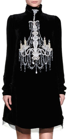 Black Velvet Mock-Neck Embellished Chandelier Dress - DESIGNER INSPIRED FASHIONS