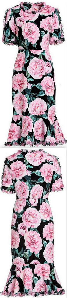 Rose Printed Ruffle-Trimmed Dress | DESIGNER INSPIRED FASHIONS
