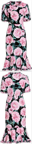 Rose Printed Ruffle-Trimmed Dress | DESIGNER INSPIRED FASHIONS