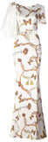Butterfly Print Draped-Sleeve Gown