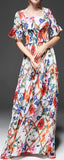 Long Floral Print Ruffle-Trimmed Dress