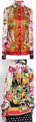 Floral & Wheel Print Silk and Satin Shirt