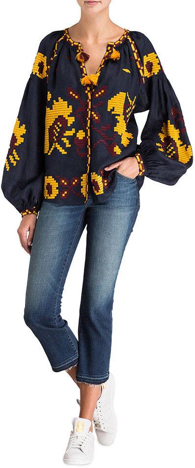 Embroidered Linen Blouse, Dark Blue