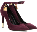 Padlock & Key Embellished Suede Pumps in Burgundy or Caramel-Brown - DESIGNER INSPIRED FASHIONS