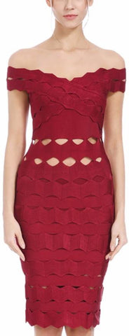 Cut-Out Scalloped Of-the-Shoulder Stretch Cocktail Dress - Red or Black