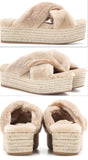 Fur Criss-Cross Platform Espadrille Sandals - Apricot - DESIGNER INSPIRED FASHIONS