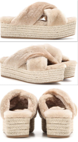 Fur Criss-Cross Platform Espadrille Sandals - Apricot - DESIGNER INSPIRED FASHIONS