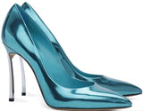 Metallic Leather Blade-Heel Pumps in Silver or Teal - DESIGNER INSPIRED FASHIONS