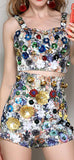 Floral-Appliques Bustier Top & High-Waist Short Set