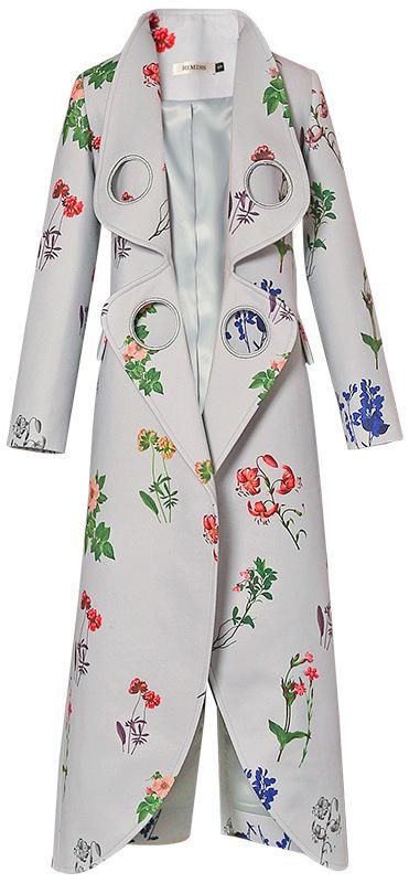 Floral Print Circle Cut-Out Wool-Blend Coat