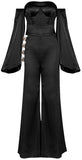 Black Off-the-Shoulder Metal-Hook-Embellished Jumpsuit - DESIGNER INSPIRED FASHIONS