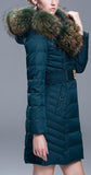 Fur Collar Belted Puffer Down Coat, Blue/Green