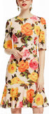 Multicolored Rose Fluted-Hem Dress