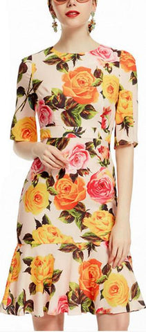 Multicolored Rose Fluted-Hem Dress